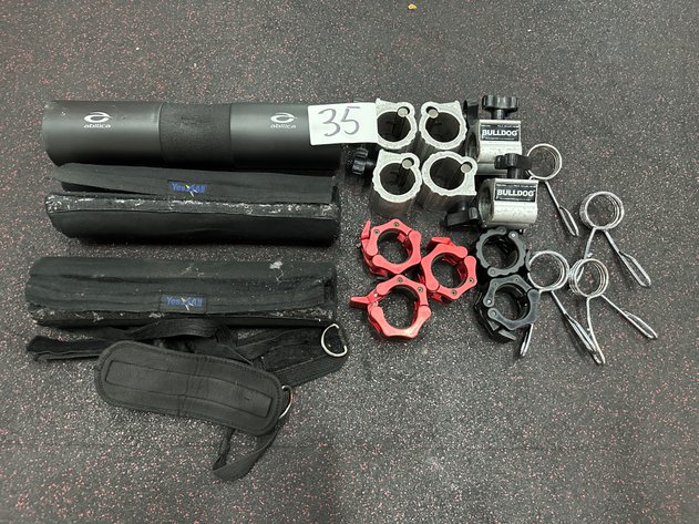 Image for Assorted Barbell Accessories - (15) Various Collars, (3) Neck/Shoulder Pads, (2) Wrist Straps