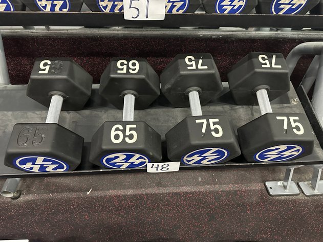 Image for (2) Sets of 65 lbs and 75 lbs Urethane Hex Dumbbells