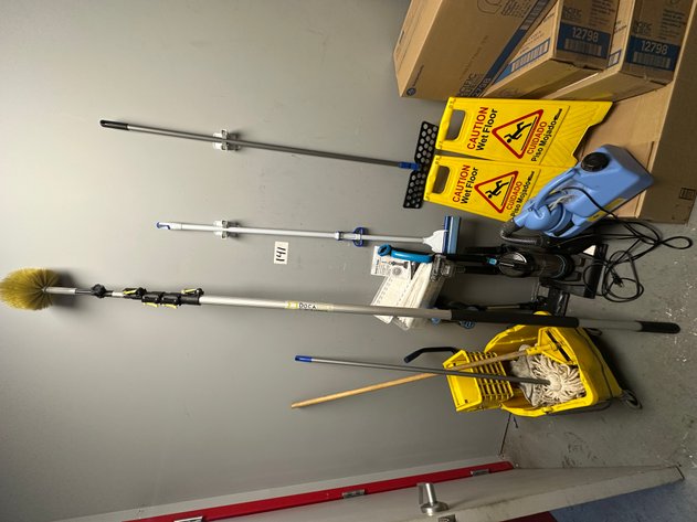 Image for Assorted Cleaning Supplies - Mops, Vacuums, FOGGER MAN Volume Sprayer, Caution Signs and More