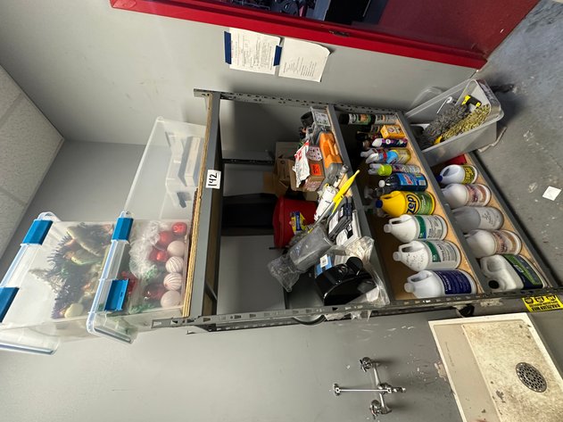 Image for 4ft x 2ft x 6ft H Shelving Unit of Assorted Cleaning Supplies, Tools and Holiday Decorations