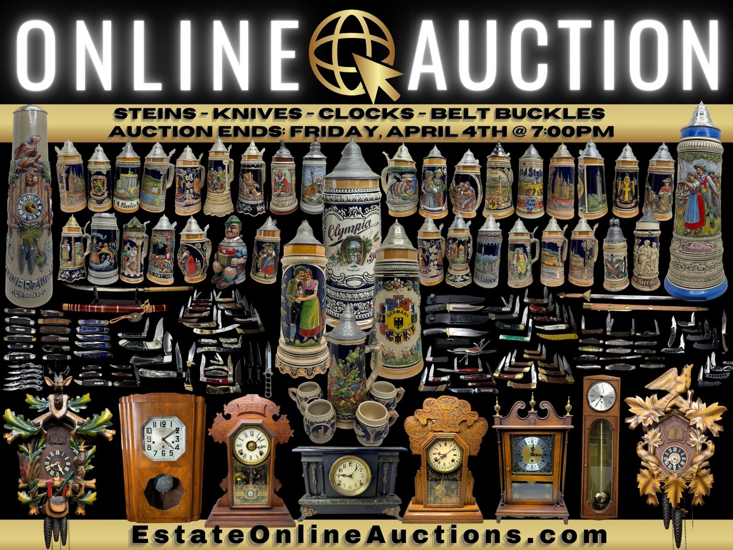 Image for Online Auction - Vintage Steins, Knives, Clocks and Belt Buckles